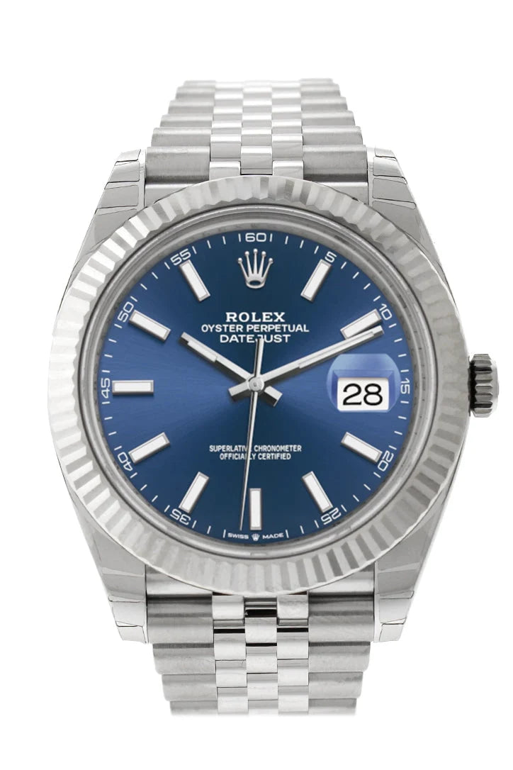 Datejust 41 Blue Dial White Gold Fluted Bezel Jubilee Mens Watch 126334.