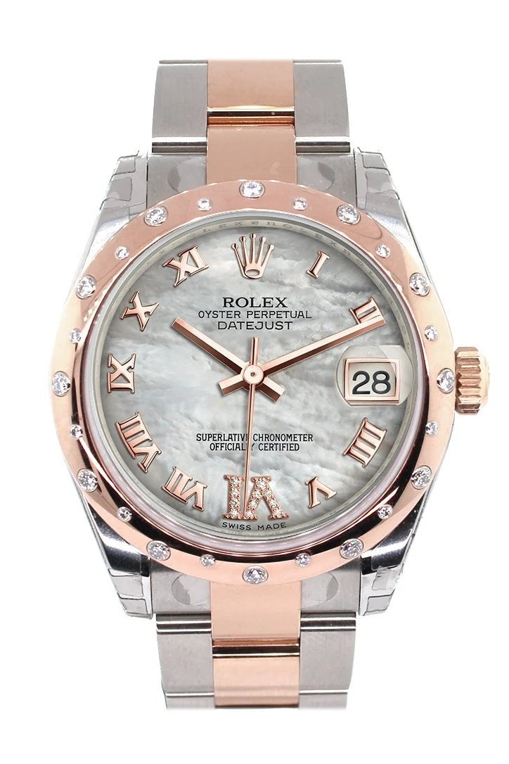 Datejust 31 White Mother of Pearl Roman Large VI set with Diamond Dial Diamond Bezel 18K Rose Gold Two Tone Ladies Watch 178341.