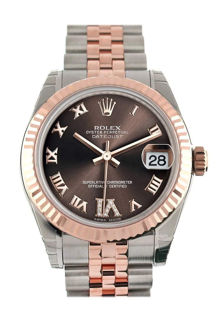 Datejust 31 Chocolate Roman Large VI set with Diamond Dial Fluted Bezel 18K Rose Gold Two Tone Jubilee Ladies Watch 178271.
