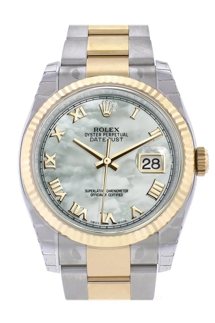 Datejust 36 White mother-of-pearl Roman Dial Fluted 18K Gold Two Tone Oyster Watch 116233.