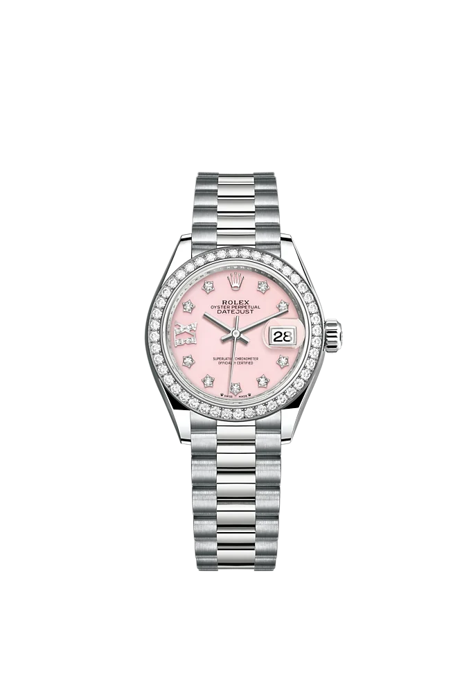 Rolex Lady Datejust 28 White Gold Pink Opal Diamond IX Dial & Diamond Bezel President Bracelet 279139RBR - BRAND NEW