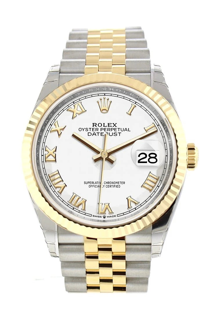 Datejust 36 White Roman Dial Fluted Bezel Jubilee Yellow Gold Two Tone Watch 126233 NP.