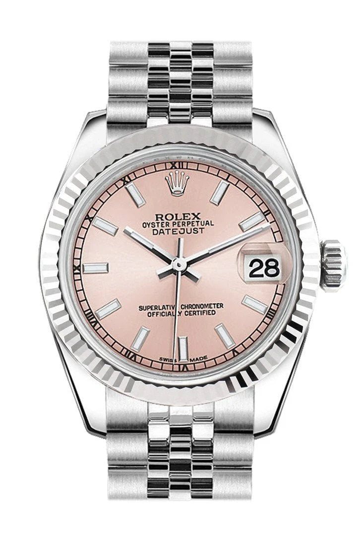 Datejust 31 Pink Dial White Gold Fluted Bezel Jubilee Ladies Watch 178274.