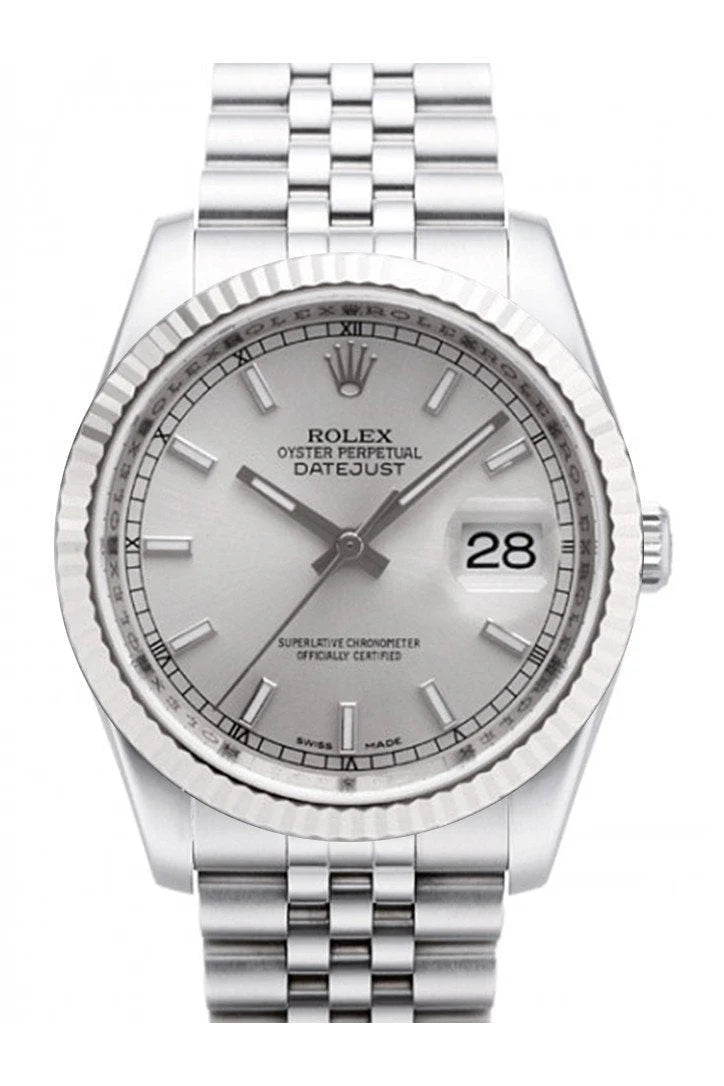 Datejust 36 Silver Dial 18k White Gold Fluted Bezel Stainless Steel Jubilee Watch 116234.