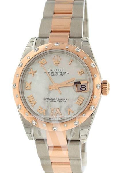Datejust 31 White Mother of Pearl Roman Large VI set with Diamond Dial Diamond Bezel 18K Rose Gold Two Tone Ladies Watch 178341.