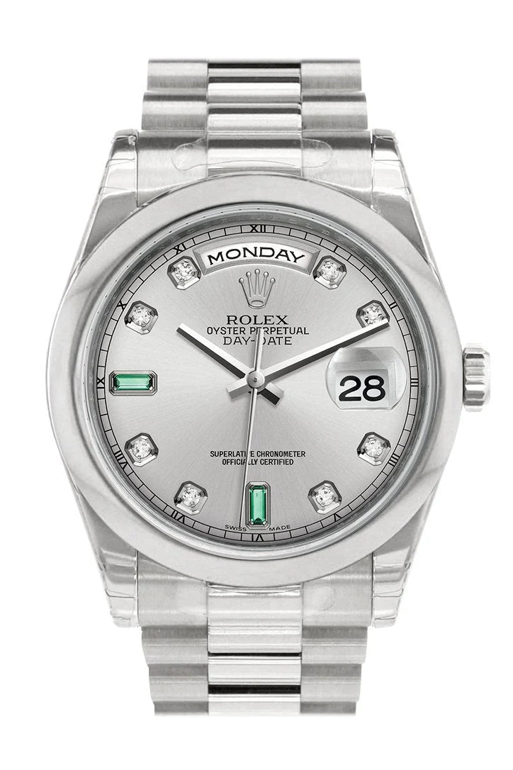 Day Date 36 Rhodium Diamonds Emeralds Dial President Men's Watch 118206.
