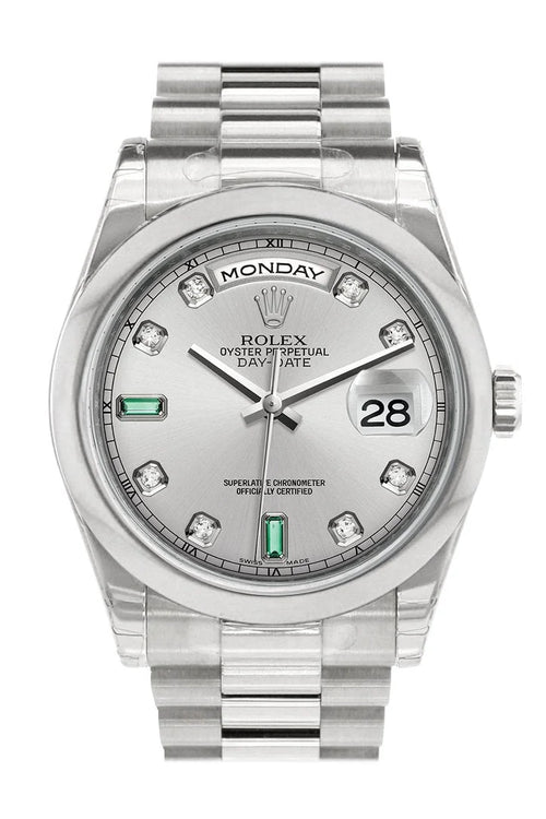 Day Date 36 Rhodium Diamonds Emeralds Dial President Men's Watch 118206.