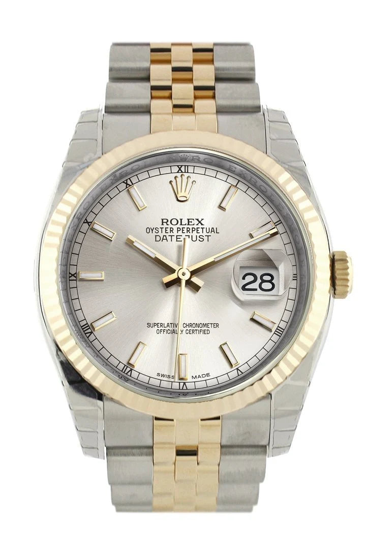 Datejust 36 Silver Dial Fluted 18K Gold Two Tone Jubilee Watch 116233.