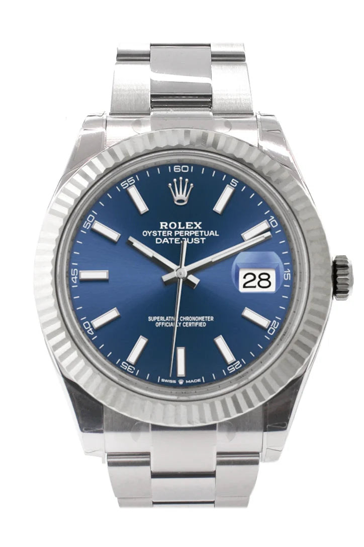 Datejust 41 Blue Dial White Gold Fluted Bezel Mens Watch 126334.