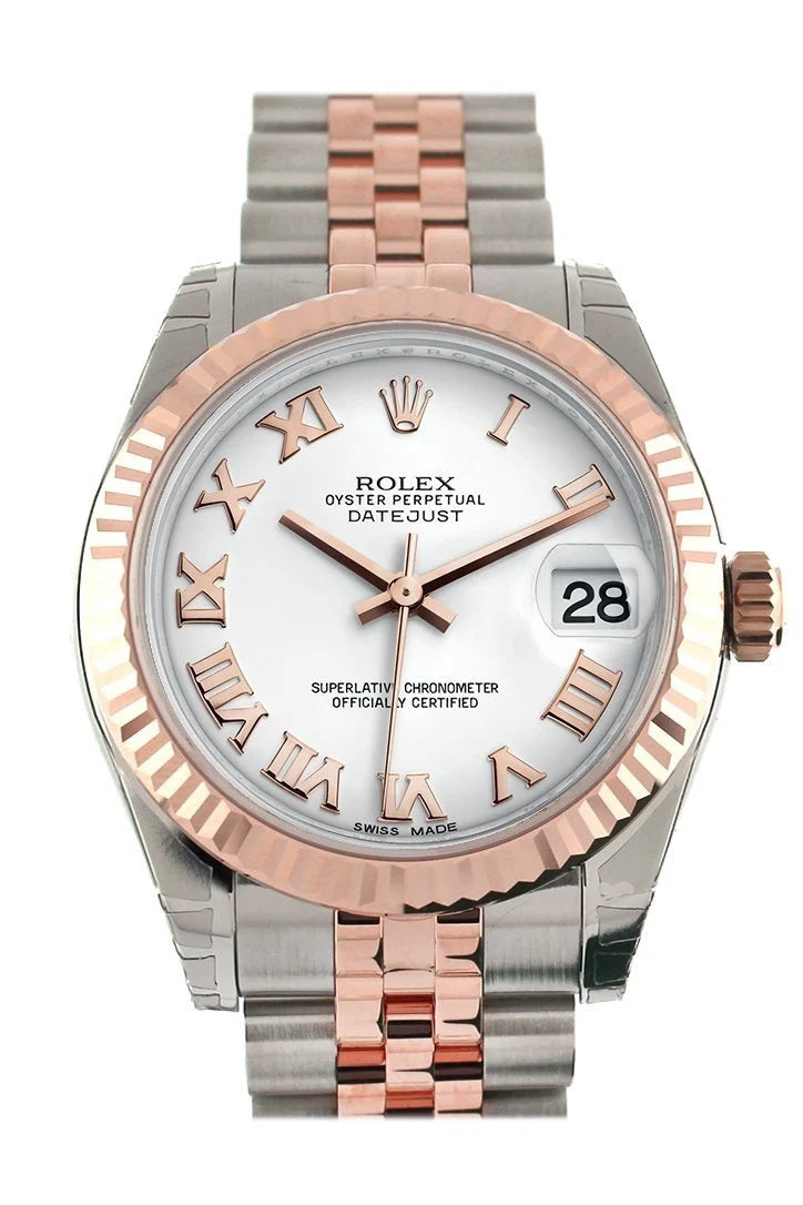 Datejust 31 White Roman Dial Fluted Bezel 18K Rose Gold Two Tone Jubilee Ladies Watch 178271.