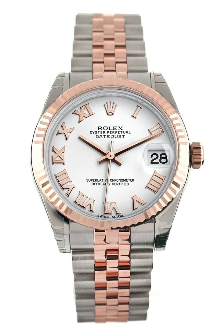 Datejust 31 White Roman Dial Fluted Bezel 18K Rose Gold Two Tone Jubilee Ladies Watch 178271.