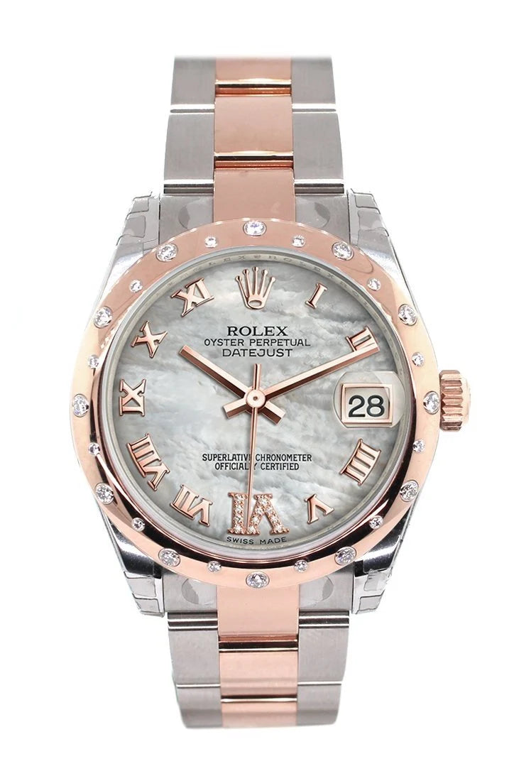 Datejust 31 White Mother of Pearl Roman Large VI set with Diamond Dial Diamond Bezel 18K Rose Gold Two Tone Ladies Watch 178341.
