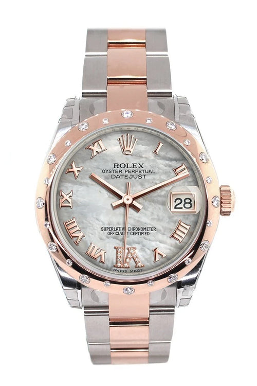 Datejust 31 White Mother of Pearl Roman Large VI set with Diamond Dial Diamond Bezel 18K Rose Gold Two Tone Ladies Watch 178341.