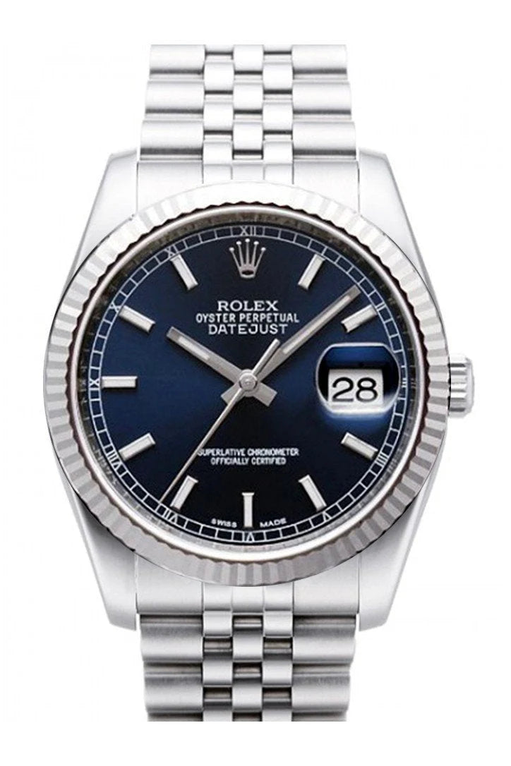 Datejust 36 Blue Dial 18k White Gold Fluted Bezel Stainless Steel Jubilee Watch 116234.
