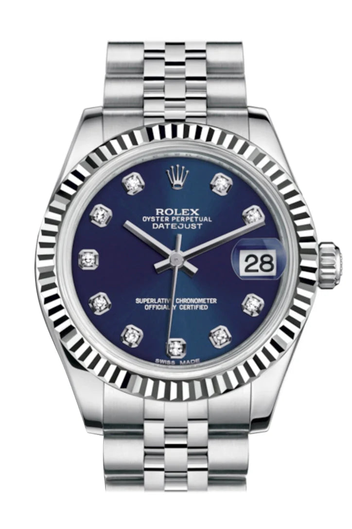 Datejust 31 Blue Set Diamonds Dial White Gold Fluted Bezel Jubilee Ladies Watch 178274.