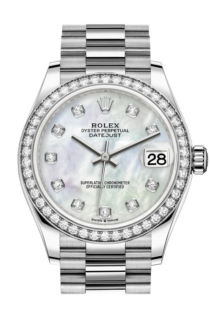 Datejust 31 White mother-of-pearl Diamond Dial Diamond Bezel 18K White Gold President Ladies Watch 278289RBR.
