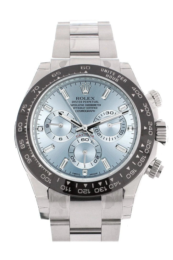 Cosmograph Daytona Ice Blue 8 Baguette Diamond Platinum Mens Watch 116506.