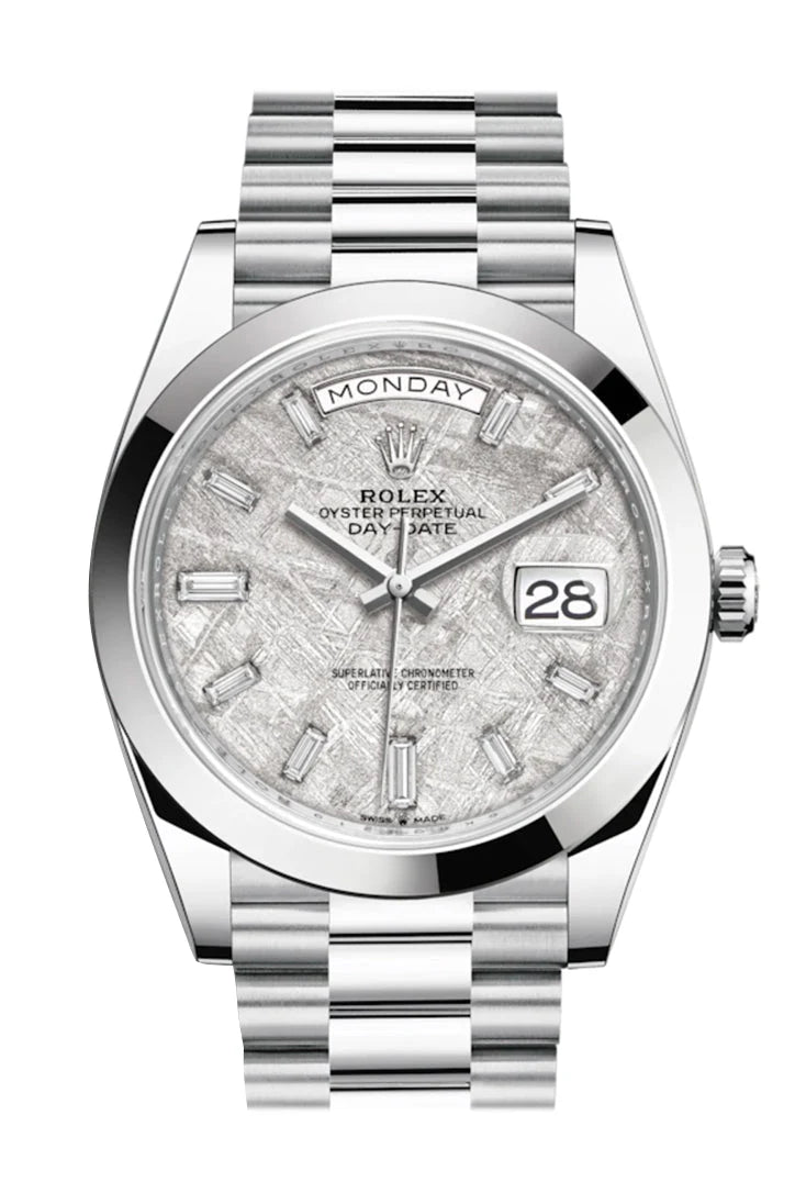 Day-Date 40 Meteorite Baguette Diamond Dial Dial Dome Bezel Platinum President Automatic Men's Watch 228206.