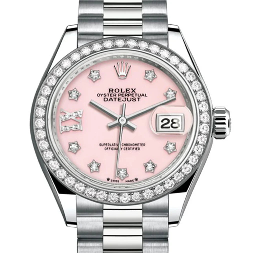 Rolex Lady Datejust 28 White Gold Pink Opal Diamond IX Dial & Diamond Bezel President Bracelet 279139RBR - BRAND NEW