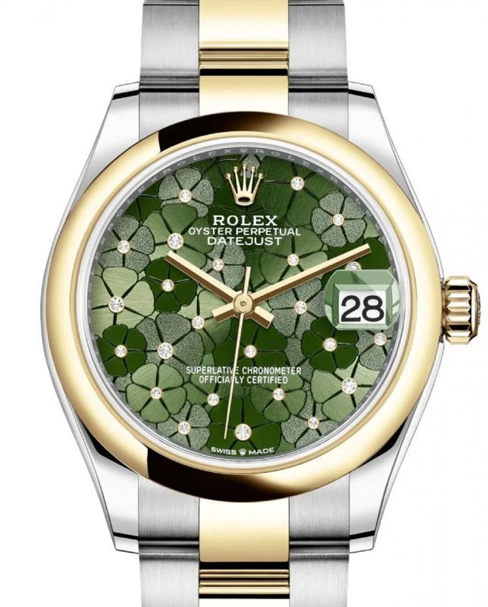 Rolex Datejust 31 Yellow Gold/Steel Olive Green Floral Motif Diamond Dial & Smooth Domed Bezel Oyster Bracelet 278243 - BRAND NEW