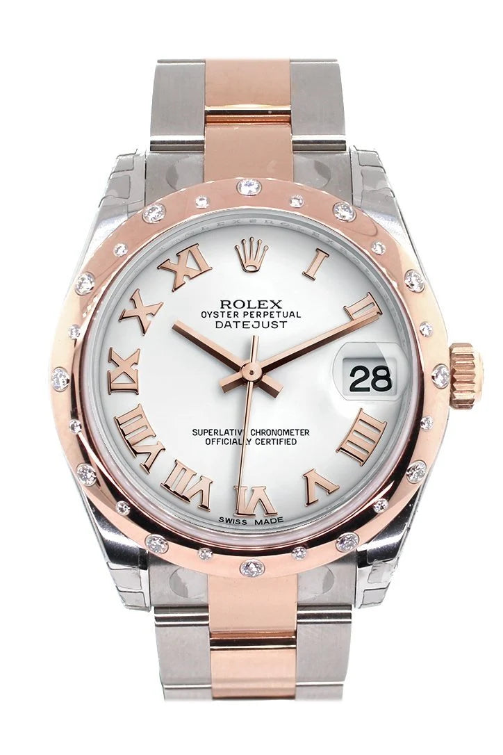 Datejust 31 White Roman Dial Diamond Bezel 18K Rose Gold Two Tone Ladies Watch 278341.