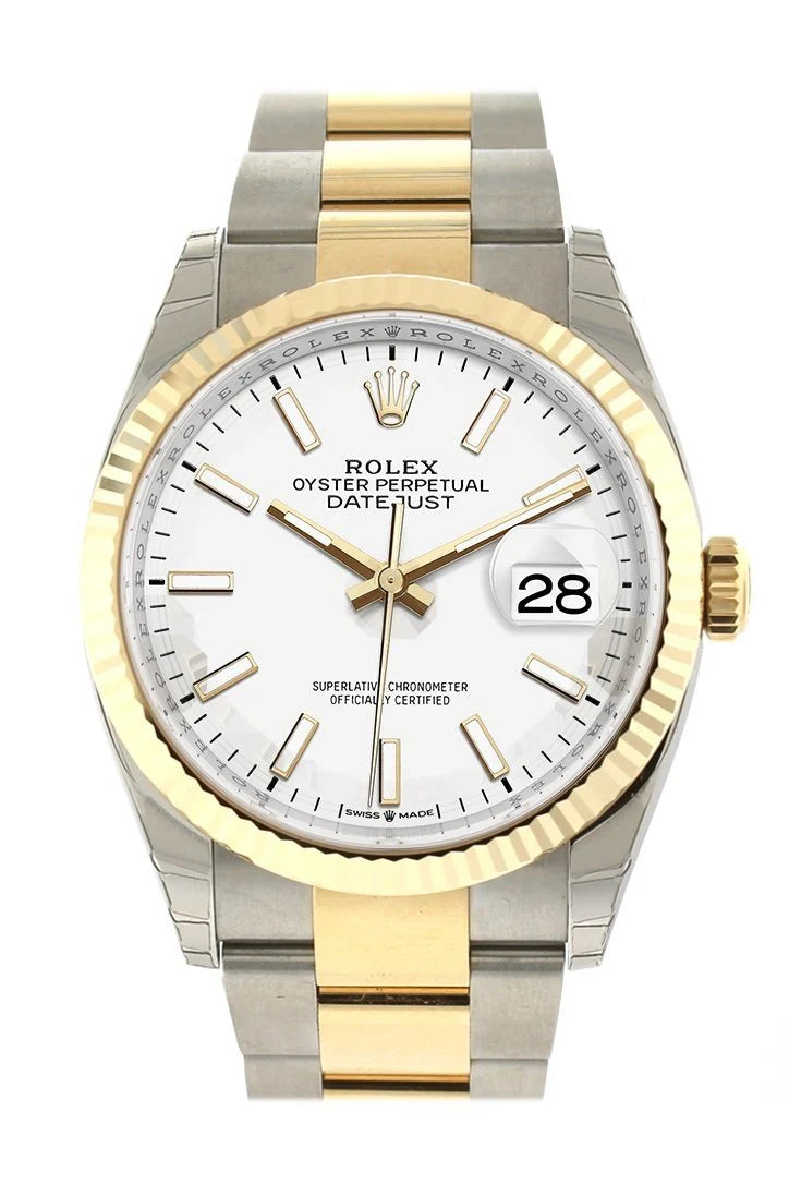 Datejust 36 White Dial Fluted Bezel Oyster Yellow Gold Two Tone Watch 126233 NP.