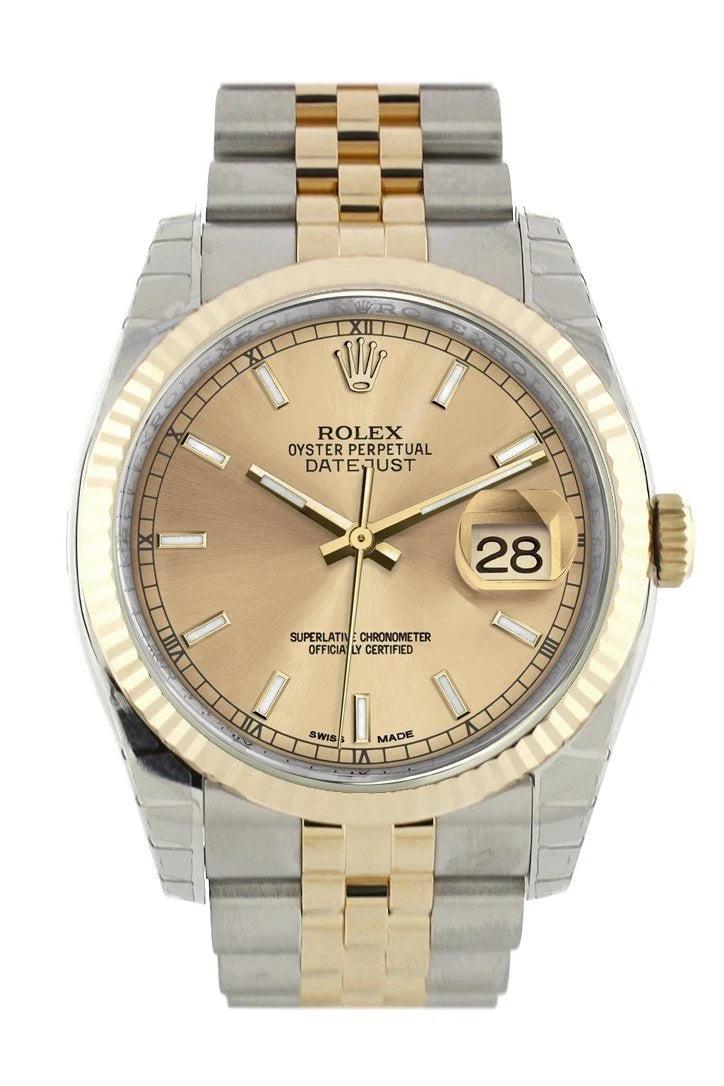 Datejust 36 Champagne Dial Fluted 18K Gold Two Tone Jubilee Watch 116233.